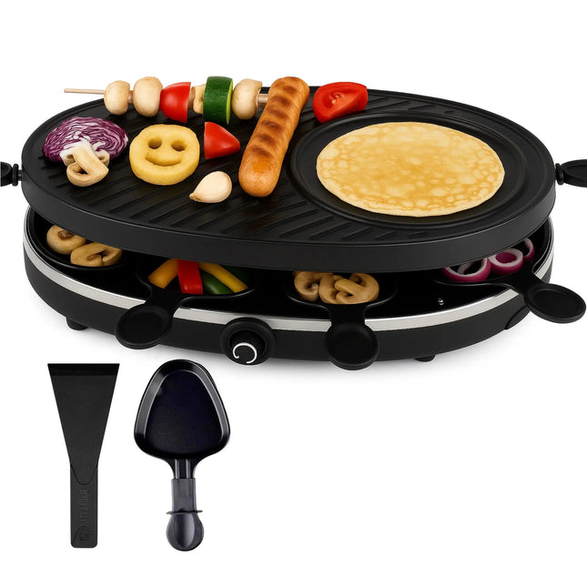 Raclette-Set für 8 Personen Grill rund oval - Tischgrill inkl. Pfännchen & Schaber