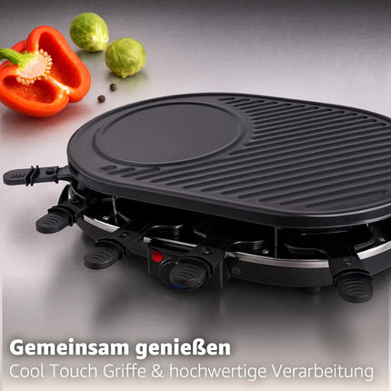 Raclette-Set für 8 Personen Grill rund oval - Tischgrill inkl. Pfännchen & Schaber