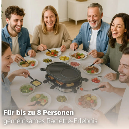 Raclette-Set für 8 Personen Grill rund oval - Tischgrill inkl. Pfännchen & Schaber