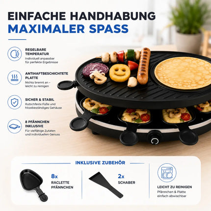 Raclette-Set für 8 Personen Grill rund oval - Tischgrill inkl. Pfännchen & Schaber