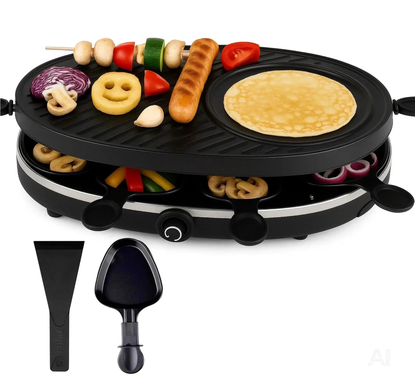 Raclette-Set für 8 Personen Grill rund oval - Tischgrill inkl. Pfännchen & Schaber