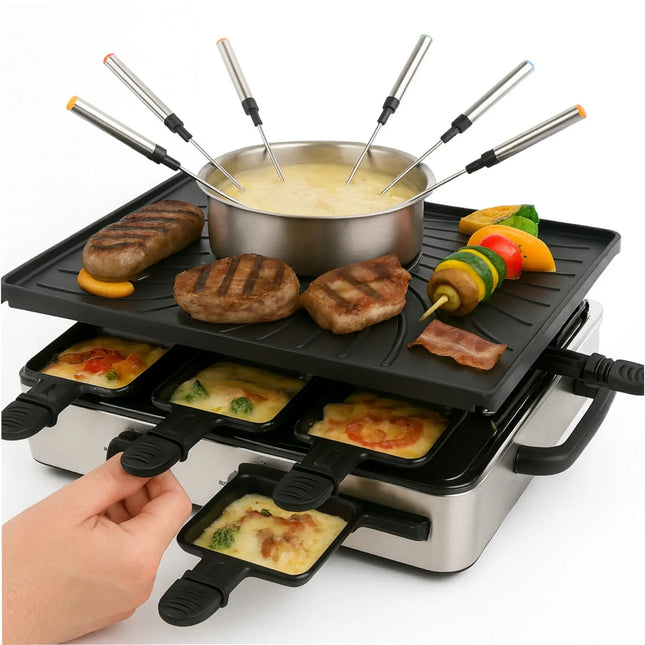 Raclette & Fondue -Set für 8 Personen mit Fondue Set - Tischgrill inkl. Pfännchen & Schaber