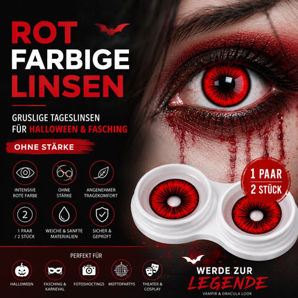 Rot Farbige & Geprüfte Kontaktlinsen - Grußlige Tageslinsen für Halloween & Fasching - ohne Stärke - Vampir & Dracula (Rot, 1 Paar / 2 Stück)