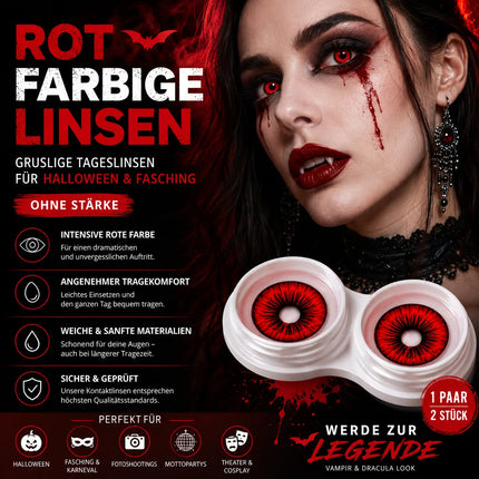 Rot Farbige & Geprüfte Kontaktlinsen - Grußlige Tageslinsen für Halloween & Fasching - ohne Stärke - Vampir & Dracula (Rot, 1 Paar / 2 Stück)