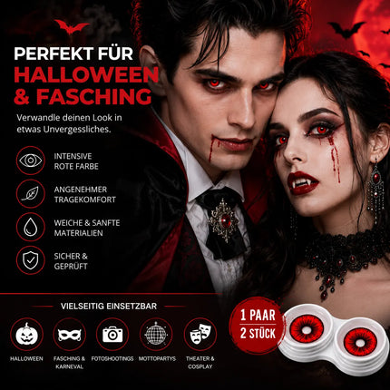 Rot Farbige & Geprüfte Kontaktlinsen - Grußlige Tageslinsen für Halloween & Fasching - ohne Stärke - Vampir & Dracula (Rot, 1 Paar / 2 Stück)