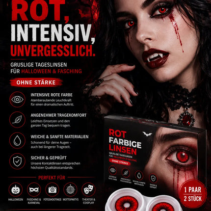 Rot Farbige & Geprüfte Kontaktlinsen - Grußlige Tageslinsen für Halloween & Fasching - ohne Stärke - Vampir & Dracula (Rot, 1 Paar / 2 Stück)