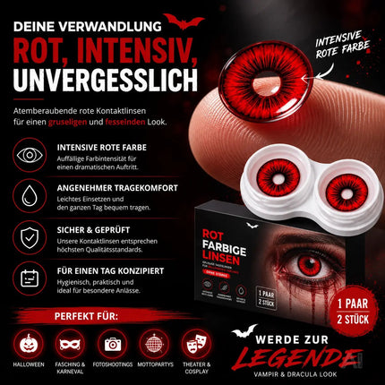 Rot Farbige & Geprüfte Kontaktlinsen - Grußlige Tageslinsen für Halloween & Fasching - ohne Stärke - Vampir & Dracula (Rot, 1 Paar / 2 Stück)
