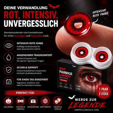 Rot Farbige & Geprüfte Kontaktlinsen - Grußlige Tageslinsen für Halloween & Fasching - ohne Stärke - Vampir & Dracula (Rot, 1 Paar / 2 Stück)