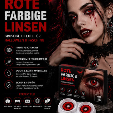 Rot Farbige & Geprüfte Kontaktlinsen - Grußlige Tageslinsen für Halloween & Fasching - ohne Stärke - Vampir & Dracula (Rot, 1 Paar / 2 Stück)