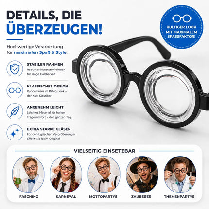 Runde schwarz Brille – Idiotenbrille wie Streber, Freak, Nerd & Zauberer – Wissenschaftler Accessoire für Fasching & Karneval