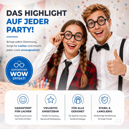 Runde schwarz Brille – Idiotenbrille wie Streber, Freak, Nerd & Zauberer – Wissenschaftler Accessoire für Fasching & Karneval