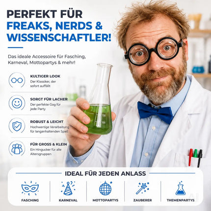 Runde schwarz Brille – Idiotenbrille wie Streber, Freak, Nerd & Zauberer – Wissenschaftler Accessoire für Fasching & Karneval