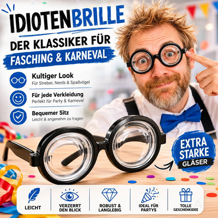 Runde schwarz Brille – Idiotenbrille wie Streber, Freak, Nerd & Zauberer – Wissenschaftler Accessoire für Fasching & Karneval