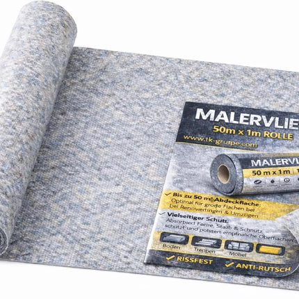 Rutschfestes Abdeckvlies 50m x 1m 180g/m² – Reißfestes Malervlies für Boden- & Möbelschutz – Allzweckvlies für Renovierung, Umzug und Malerarbeiten