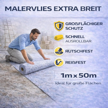 Rutschfestes Abdeckvlies 50m x 1m 180g/m² – Reißfestes Malervlies für Boden- & Möbelschutz – Allzweckvlies für Renovierung, Umzug und Malerarbeiten