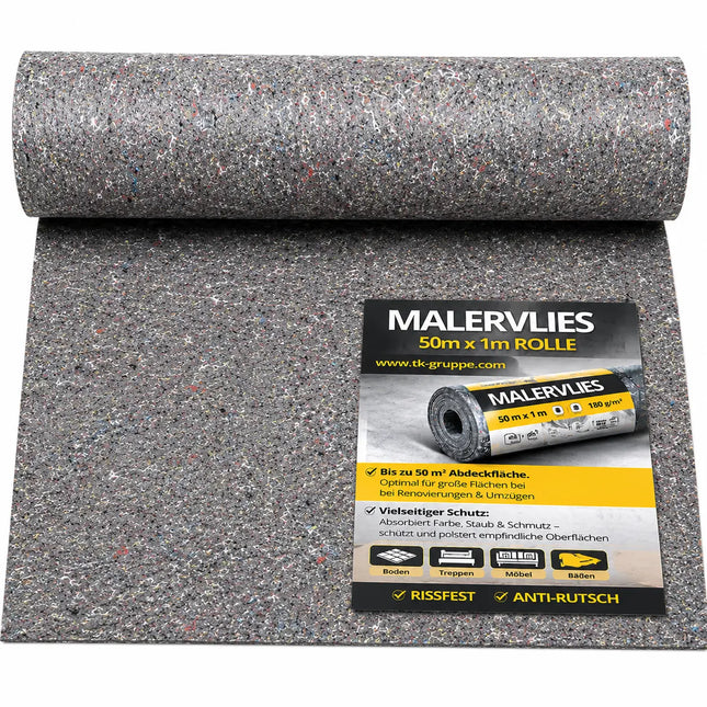Rutschfestes Abdeckvlies 50m x 1m 180g/m² – Reißfestes Malervlies für Boden- & Möbelschutz – Allzweckvlies für Renovierung, Umzug und Malerarbeiten