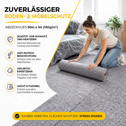 Rutschfestes Abdeckvlies 50m x 1m 180g/m² – Reißfestes Malervlies für Boden- & Möbelschutz – Allzweckvlies für Renovierung, Umzug und Malerarbeiten