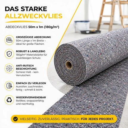Rutschfestes Abdeckvlies 50m x 1m 180g/m² – Reißfestes Malervlies für Boden- & Möbelschutz – Allzweckvlies für Renovierung, Umzug und Malerarbeiten
