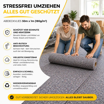 Rutschfestes Abdeckvlies 50m x 1m 180g/m² – Reißfestes Malervlies für Boden- & Möbelschutz – Allzweckvlies für Renovierung, Umzug und Malerarbeiten