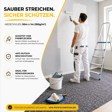 Rutschfestes Abdeckvlies 50m x 1m 180g/m² – Reißfestes Malervlies für Boden- & Möbelschutz – Allzweckvlies für Renovierung, Umzug und Malerarbeiten