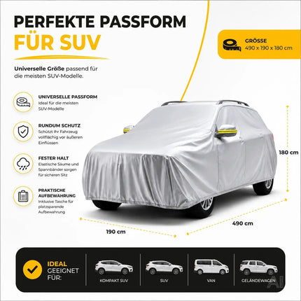 SUV Universale Autoschutzhülle 490x190x180cm: wasserdichte Autoplane für PKW/KFZ – Car Cover in Silber für umfassenden Schutz