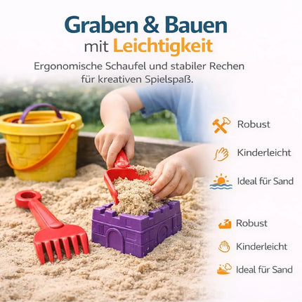 Sandspielzeug Set für Kinder – Sandkastenspielzeug mit Sandförmchen, Schaufel, Rechen & Sieben für Jungen & Mädchen (11 teilig)