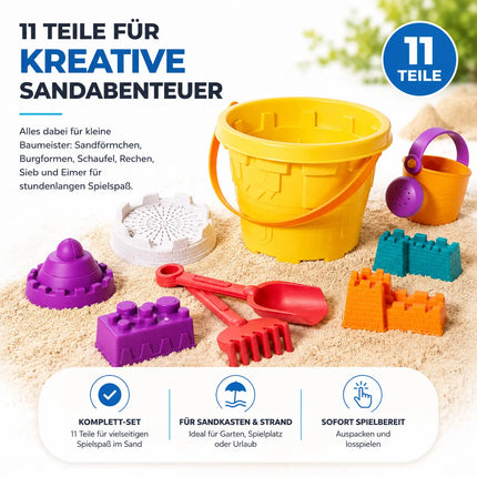Sandspielzeug Set für Kinder – Sandkastenspielzeug mit Sandförmchen, Schaufel, Rechen & Sieben für Jungen & Mädchen (11 teilig)