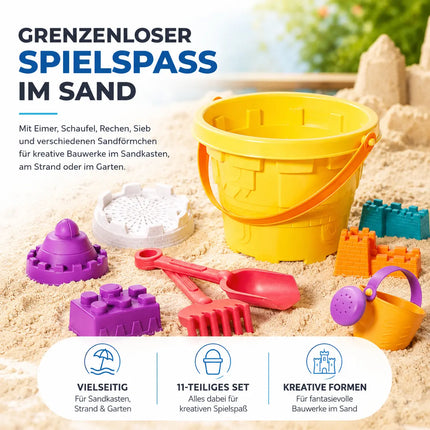 Sandspielzeug Set für Kinder – Sandkastenspielzeug mit Sandförmchen, Schaufel, Rechen & Sieben für Jungen & Mädchen (11 teilig)