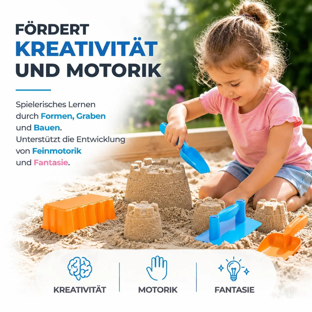 Sandspielzeug Set für Kinder – Sandkastenspielzeug mit Sandförmchen, Schaufel, Rechen & Sieben – Detailansicht 3