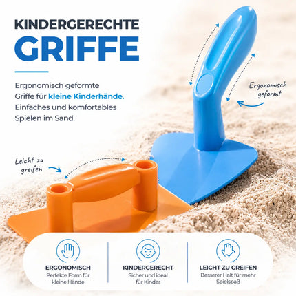 Sandspielzeug Set für Kinder – Sandkastenspielzeug mit Sandförmchen, Schaufel, Rechen & Sieben für Jungen & Mädchen (4 teilig)