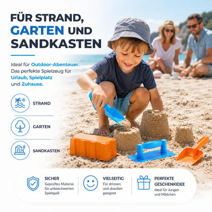 Sandspielzeug Set für Kinder – Sandkastenspielzeug mit Sandförmchen, Schaufel, Rechen & Sieben für Jungen & Mädchen (4 teilig)