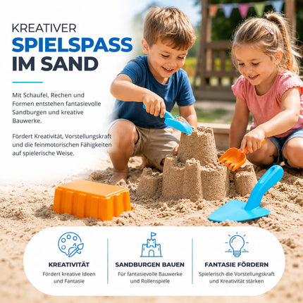 Sandspielzeug Set für Kinder – Sandkastenspielzeug mit Sandförmchen, Schaufel, Rechen & Sieben für Jungen & Mädchen (4 teilig)