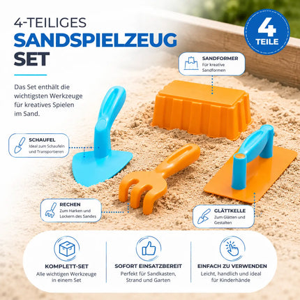 Sandspielzeug Set für Kinder – Sandkastenspielzeug mit Sandförmchen, Schaufel, Rechen & Sieben für Jungen & Mädchen (4 teilig)