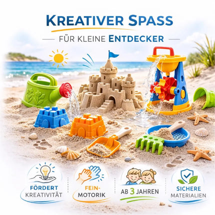Sandspielzeug Set für Kinder – Sandkastenspielzeug mit Sandförmchen, Schaufel, Rechen & Sieben für Jungen & Mädchen (9 teilig mit Mühle)