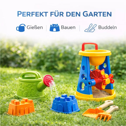 Sandspielzeug Set für Kinder – Sandkastenspielzeug mit Sandförmchen, Schaufel, Rechen & Sieben für Jungen & Mädchen (9 teilig mit Mühle)