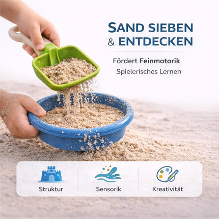 Sandspielzeug Set für Kinder – Sandkastenspielzeug mit Sandförmchen, Schaufel, Rechen & Sieben für Jungen & Mädchen (9 teilig mit Mühle)