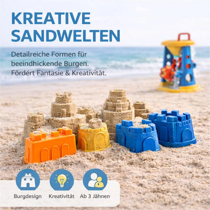 Sandspielzeug Set für Kinder – Sandkastenspielzeug mit Sandförmchen, Schaufel, Rechen & Sieben für Jungen & Mädchen (9 teilig mit Mühle)