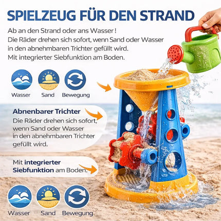 Sandspielzeug Set für Kinder – Sandkastenspielzeug mit Sandförmchen, Schaufel, Rechen & Sieben für Jungen & Mädchen (9 teilig mit Mühle)