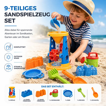 Sandspielzeug Set für Kinder – Sandkastenspielzeug mit Sandförmchen, Schaufel, Rechen & Sieben für Jungen & Mädchen (9 teilig mit Mühle)