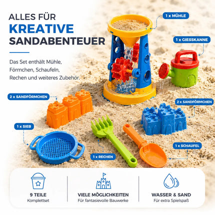 Sandspielzeug Set für Kinder – Sandkastenspielzeug mit Sandförmchen, Schaufel, Rechen & Sieben für Jungen & Mädchen (9 teilig mit Mühle)