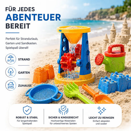 Sandspielzeug Set für Kinder – Sandkastenspielzeug mit Sandförmchen, Schaufel, Rechen & Sieben für Jungen & Mädchen (9 teilig mit Mühle)