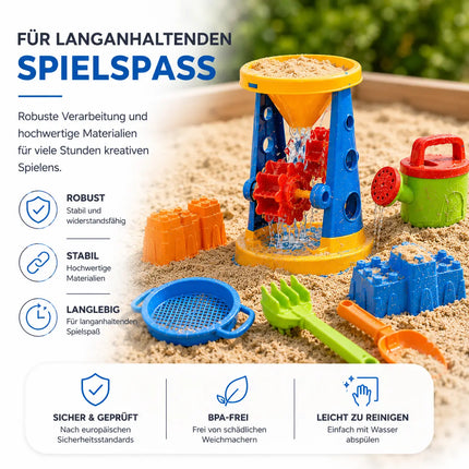 Sandspielzeug Set für Kinder – Sandkastenspielzeug mit Sandförmchen, Schaufel, Rechen & Sieben für Jungen & Mädchen (9 teilig mit Mühle)