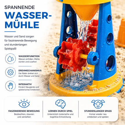 Sandspielzeug Set für Kinder – Sandkastenspielzeug mit Sandförmchen, Schaufel, Rechen & Sieben für Jungen & Mädchen (9 teilig mit Mühle)
