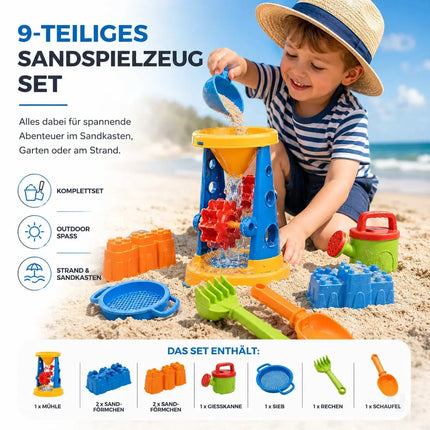 Sandspielzeug Set für Kinder – Sandkastenspielzeug mit Sandförmchen, Schaufel, Rechen & Sieben für Jungen & Mädchen (9 teilig mit Mühle)