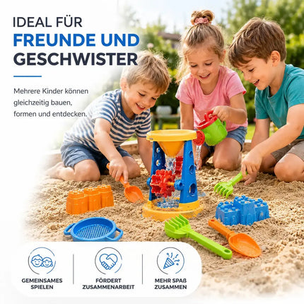 Sandspielzeug Set für Kinder – Sandkastenspielzeug mit Sandförmchen, Schaufel, Rechen & Sieben für Jungen & Mädchen (9 teilig mit Mühle)