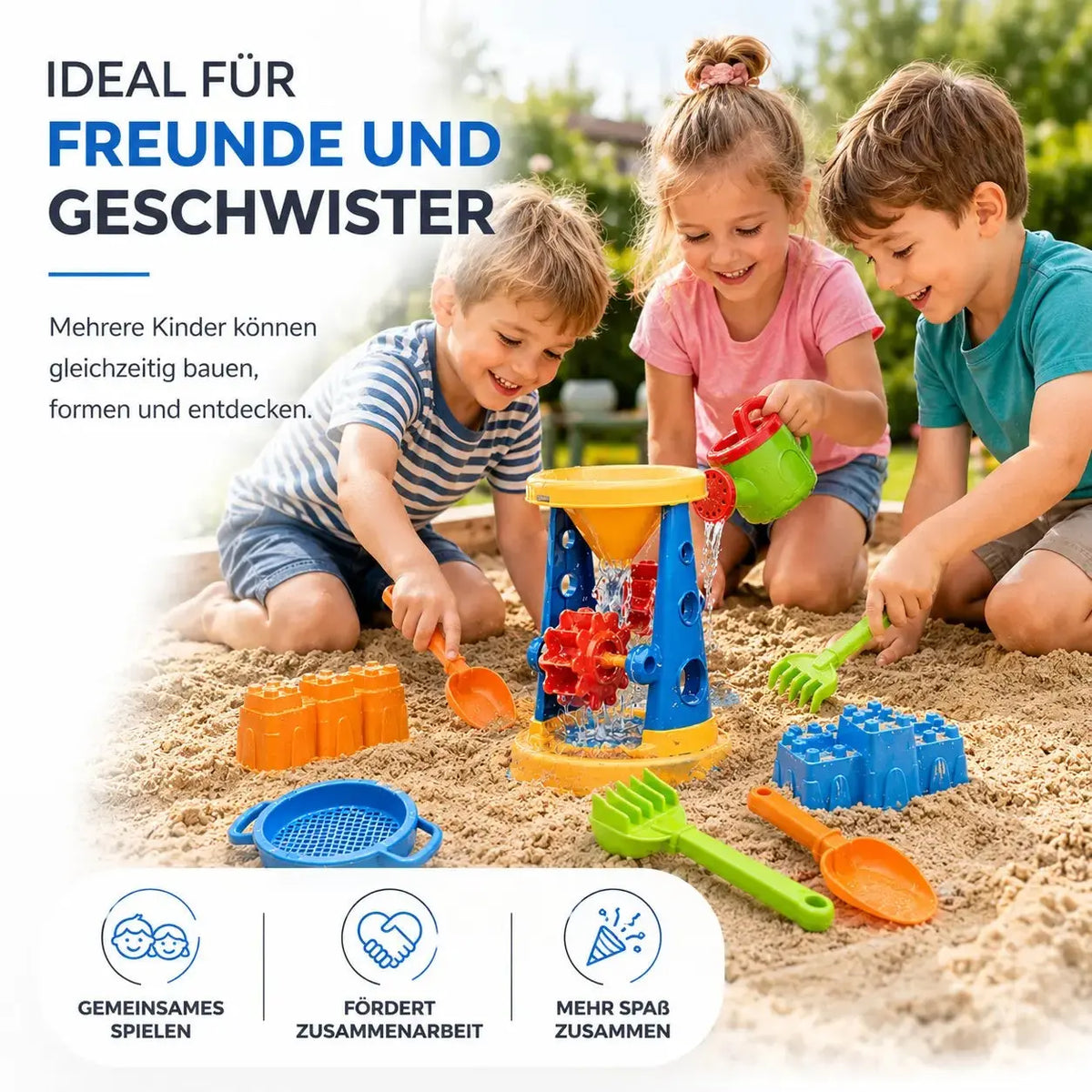 Sandspielzeug Set für Kinder – Sandkastenspielzeug mit Sandförmchen, Schaufel, Rechen & Sieben – Detailansicht 3