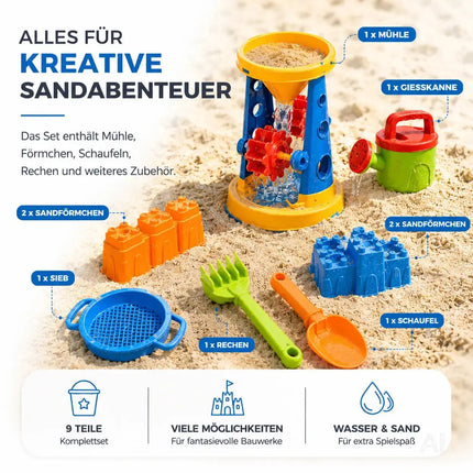 Sandspielzeug Set für Kinder – Sandkastenspielzeug mit Sandförmchen, Schaufel, Rechen & Sieben für Jungen & Mädchen (9 teilig mit Mühle)