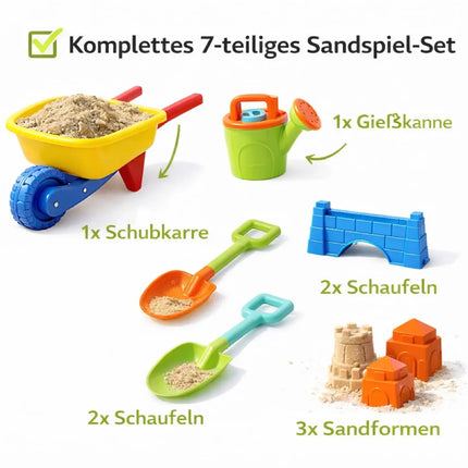 Sandspielzeug Set für Kinder – Sandkastenspielzeug mit Sandförmchen, Schaufel, Rechen & Sieben für Jungen & Mädchen (9 teilig mit Schubkarre)