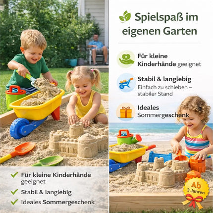 Sandspielzeug Set für Kinder – Sandkastenspielzeug mit Sandförmchen, Schaufel, Rechen & Sieben für Jungen & Mädchen (9 teilig mit Schubkarre)