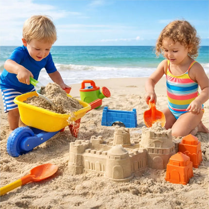Sandspielzeug Set für Kinder – Sandkastenspielzeug mit Sandförmchen, Schaufel, Rechen & Sieben für Jungen & Mädchen (9 teilig mit Schubkarre)